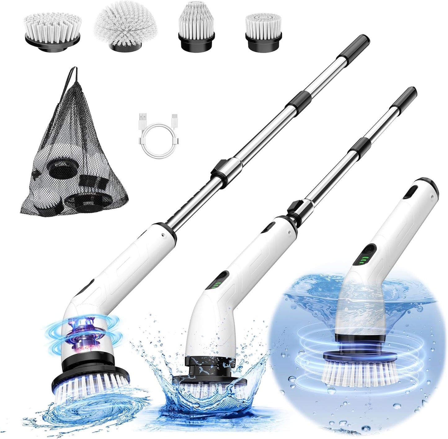 Electric Spin Scrubber, 2024 New Full-Body IPX7 Waterproof Cordless Power Scrubber with 4 Replaceable Heads, Upgraded Extension Handle, Electric Scrubber for Bathtub, Tile, Floor