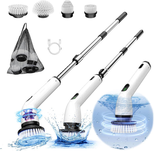 Electric Spin Scrubber, 2024 New Full-Body IPX7 Waterproof Cordless Power Scrubber with 4 Replaceable Heads, Upgraded Extension Handle, Electric Scrubber for Bathtub, Tile, Floor